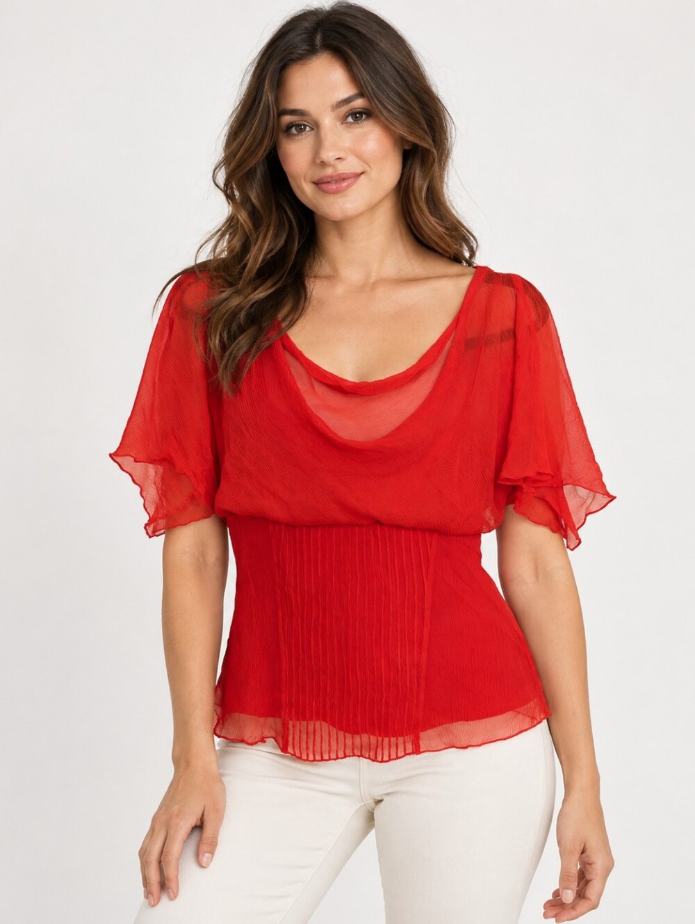 Diane von Furstenberg DVF Red Silk Chiffon Flutter Sleeve Blouse Size 6